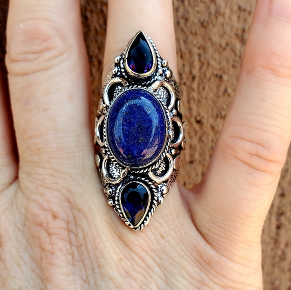 New Lapis Lazuli & Blue Topaz 925 Silver Statement Ring. - Picture 4 of 15